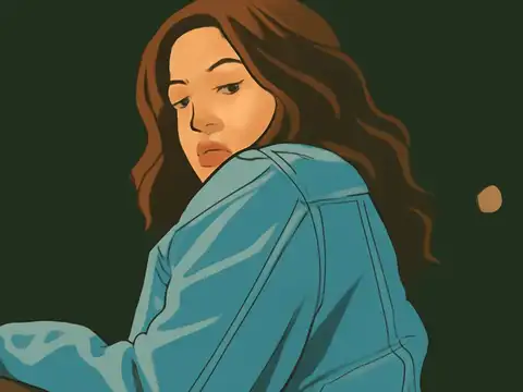 Flat vector illustration of a woman with wavy brown hair in a blue denim jacket, seen over her shoulder and looking down and to the side against a dark green background.