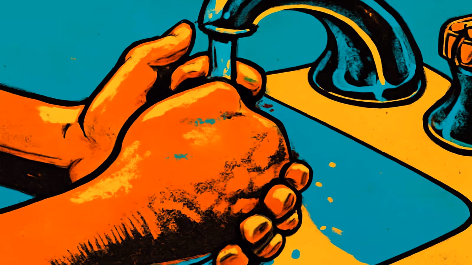 A close view of two hands being washed under a running tap at a basin, rendered as a flat orange, yellow and teal illustration.