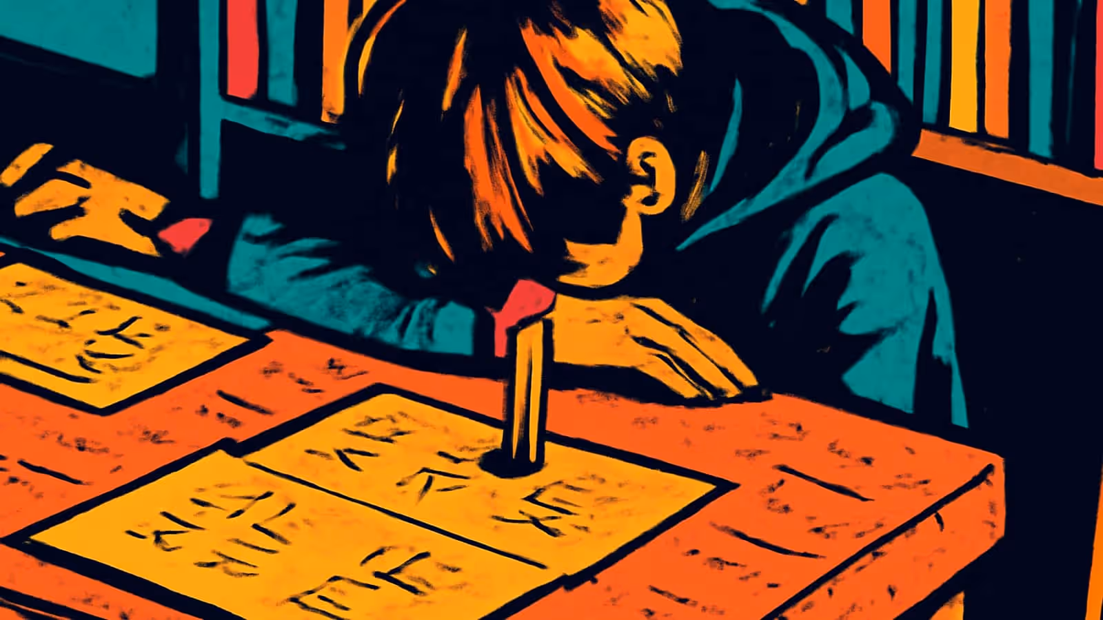 Flat pop-art illustration in orange, teal and yellow. A young person leans low over a desk, head down close to sheets of paper covered in writing, one hand flat on the table.