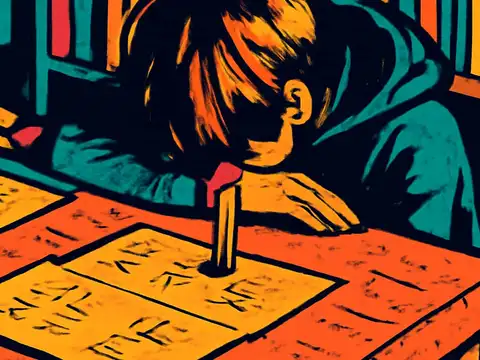 Flat pop-art illustration in orange, teal and yellow. A young person leans low over a desk, head down close to sheets of paper covered in writing, one hand flat on the table.