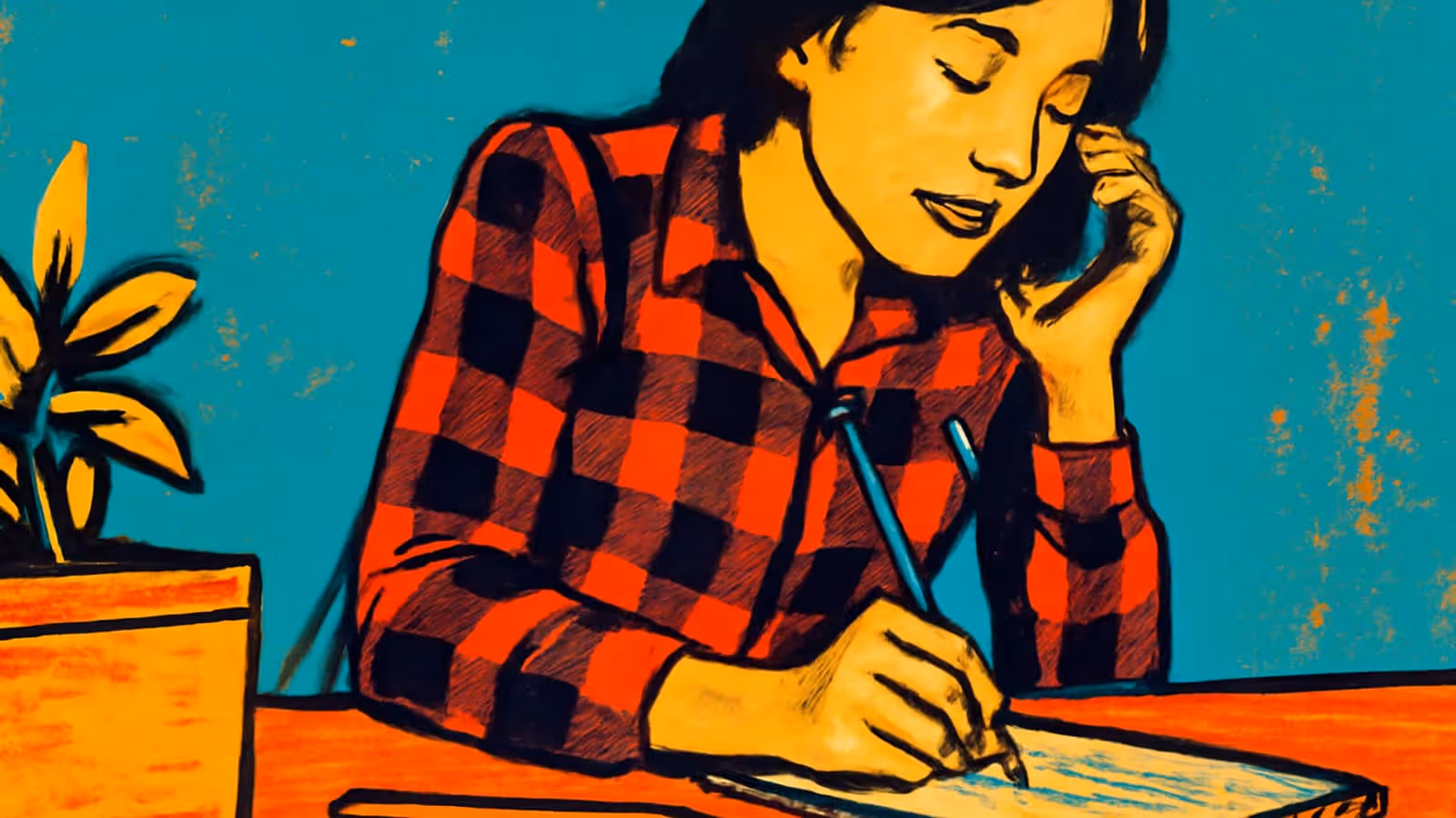 Ilustración de pop-art de una persona con una camisa a cuadros escribiendo en un escritorio con una mano sosteniendo su cabeza, con una planta a su lado.