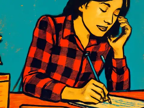Pop-art illustration of a person in a checked shirt writing at a desk with one hand propping up their head, a plant beside them.