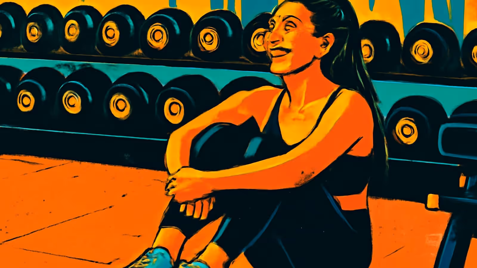 Flat pop-art illustration in orange, teal and yellow. A person in gym clothing sits on the floor with knees drawn up and arms wrapped around them, looking up and away, with racked dumbbells on shelves behind.