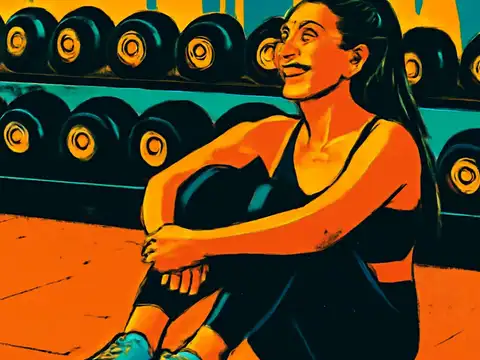 Flat pop-art illustration in orange, teal and yellow. A person in gym clothing sits on the floor with knees drawn up and arms wrapped around them, looking up and away, with racked dumbbells on shelves behind.