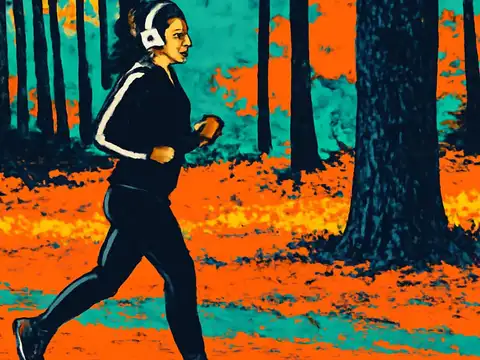 Pop-art illustration of a woman in a dark tracksuit and white headphones jogging through a forest of tall trunks, with orange leaf cover on the ground.