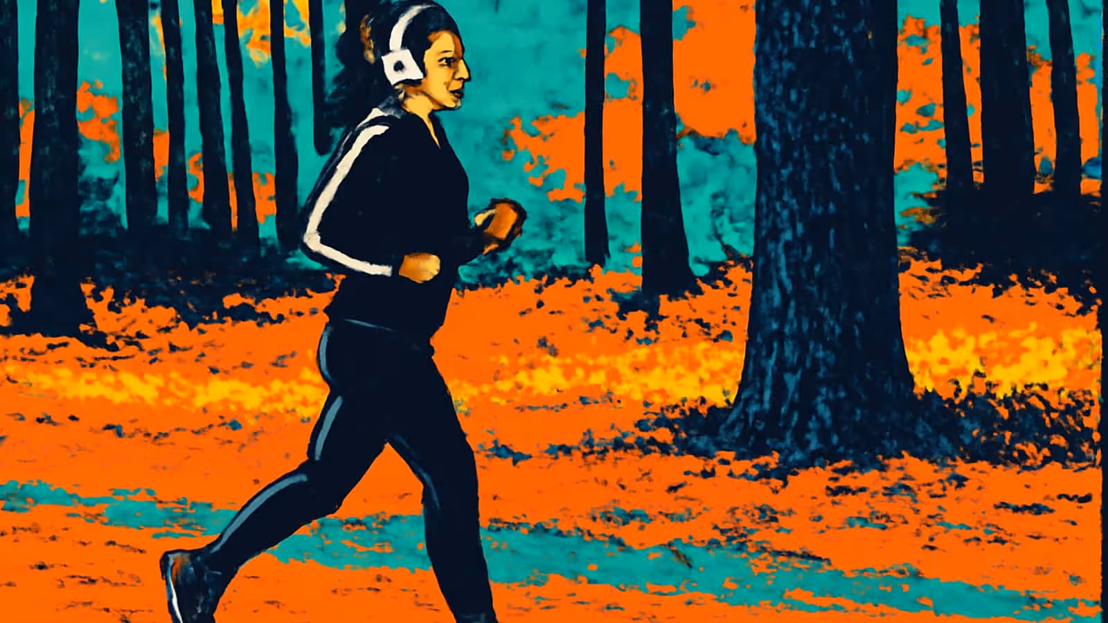 Pop-art illustration of a woman in a dark tracksuit and white headphones jogging through a forest of tall trunks, with orange leaf cover on the ground.