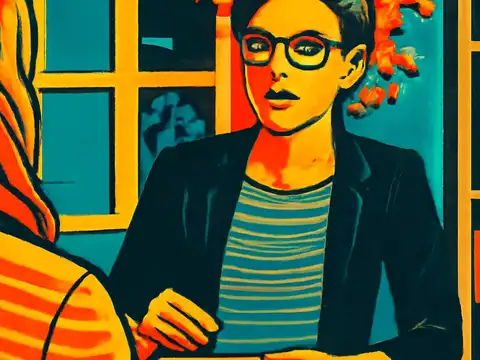 Pop-art illustration of two people sitting and talking in a room, one facing the viewer wearing glasses.