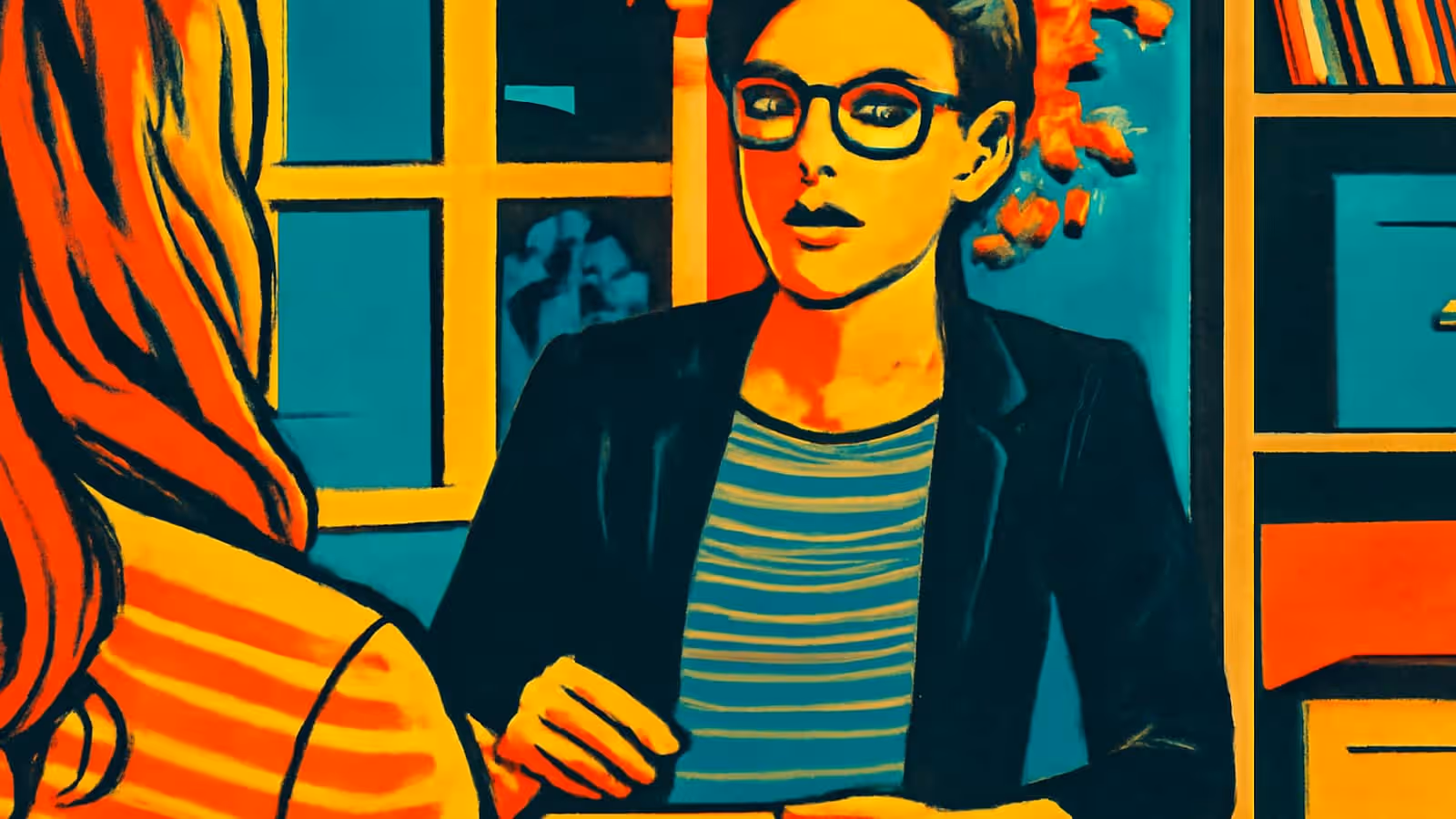 Pop-art illustration of two people sitting and talking in a room, one facing the viewer wearing glasses.