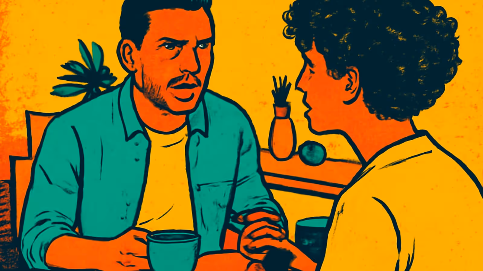 Two people sit across a small table from each other, one holding a mug and speaking, the other seen from behind, rendered as a flat orange, yellow and teal illustration.