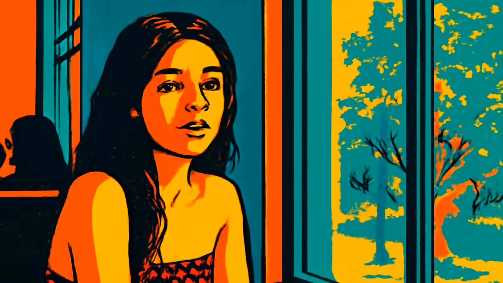 A woman standing beside a window looking towards the camera, with another figure seated in shadow behind her, rendered as a flat orange, yellow and teal illustration.