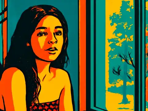 A woman standing beside a window looking towards the camera, with another figure seated in shadow behind her, rendered as a flat orange, yellow and teal illustration.