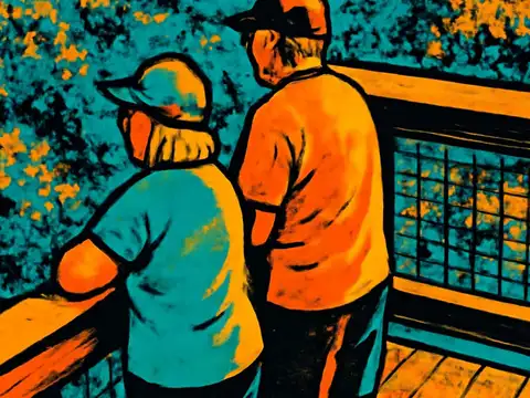Pop-art illustration of two people seen from behind, both in caps, leaning on a wooden railing on an observation deck above a canopy of trees, in orange, teal and black.