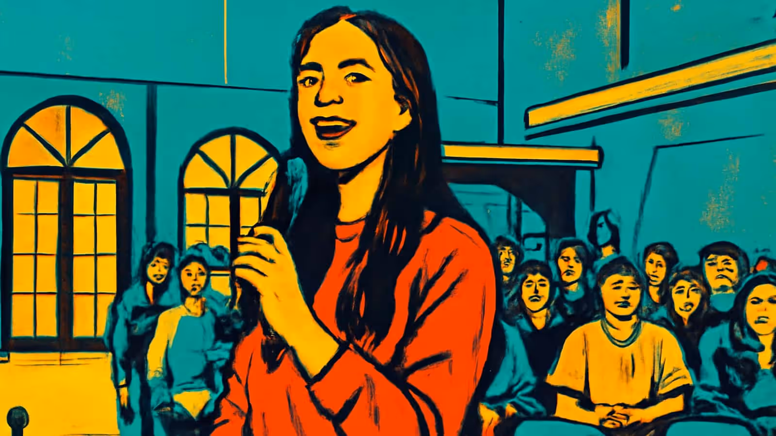Pop-art illustration of a person holding a microphone and speaking, with rows of seated people visible behind them.