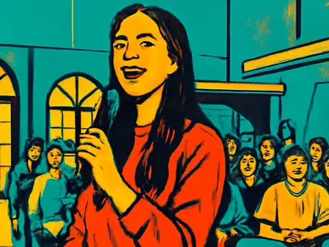 Pop-art illustration of a person holding a microphone and speaking, with rows of seated people visible behind them.