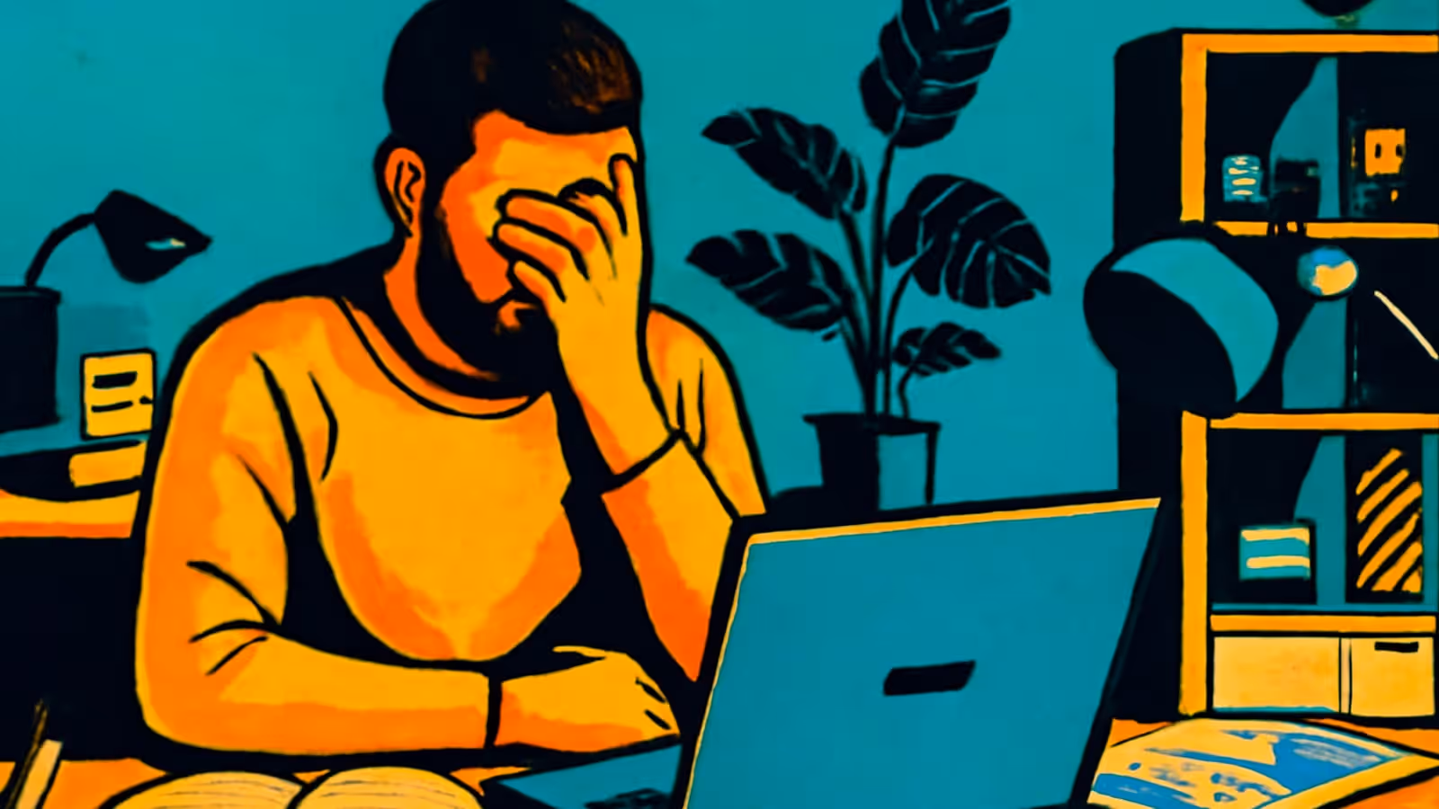 A bearded person sits at a desk in front of an open laptop with one hand covering their eyes, an open book and papers in front of them and shelves behind, rendered as a flat teal, orange and yellow illustration.