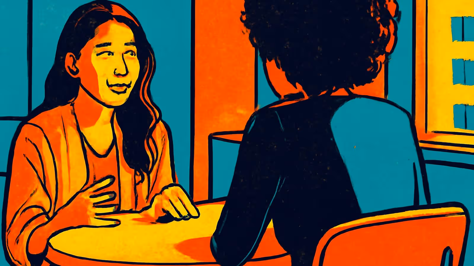 Two people sitting across a small round table in conversation, one gesturing while talking, rendered as a flat orange and teal illustration.