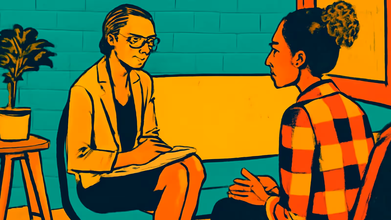 Two people sit facing each other in chairs, one holding a notepad on their lap and looking down at it, the other gesturing with one hand, a plant on a stool beside them, rendered as a flat teal, orange and yellow illustration.