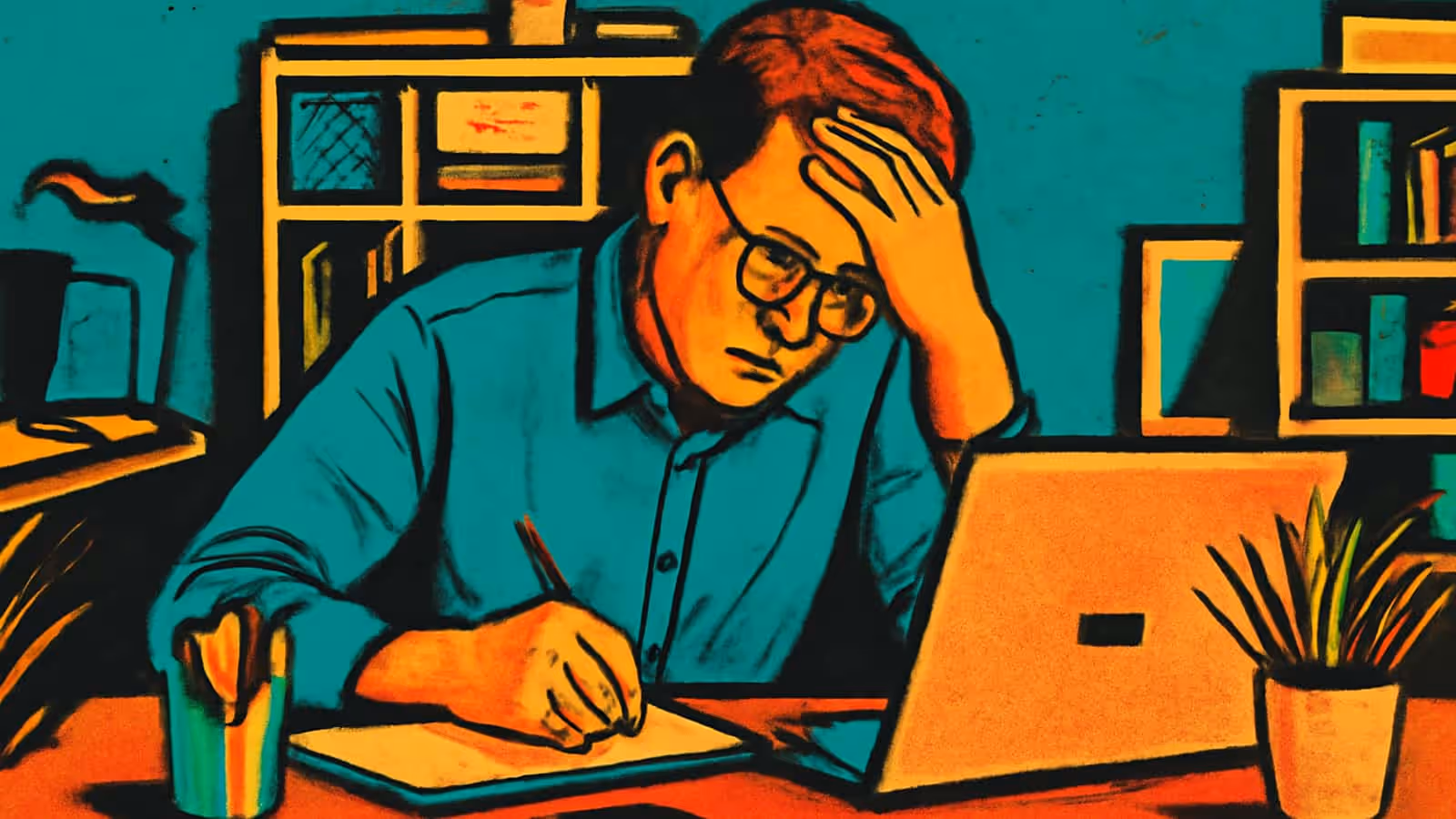 Pop-art illustration of a man in glasses at a desk, one hand pressed to his forehead, writing on a pad beside an open laptop.