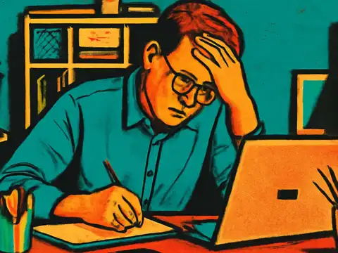 Pop-art illustration of a man in glasses at a desk, one hand pressed to his forehead, writing on a pad beside an open laptop.