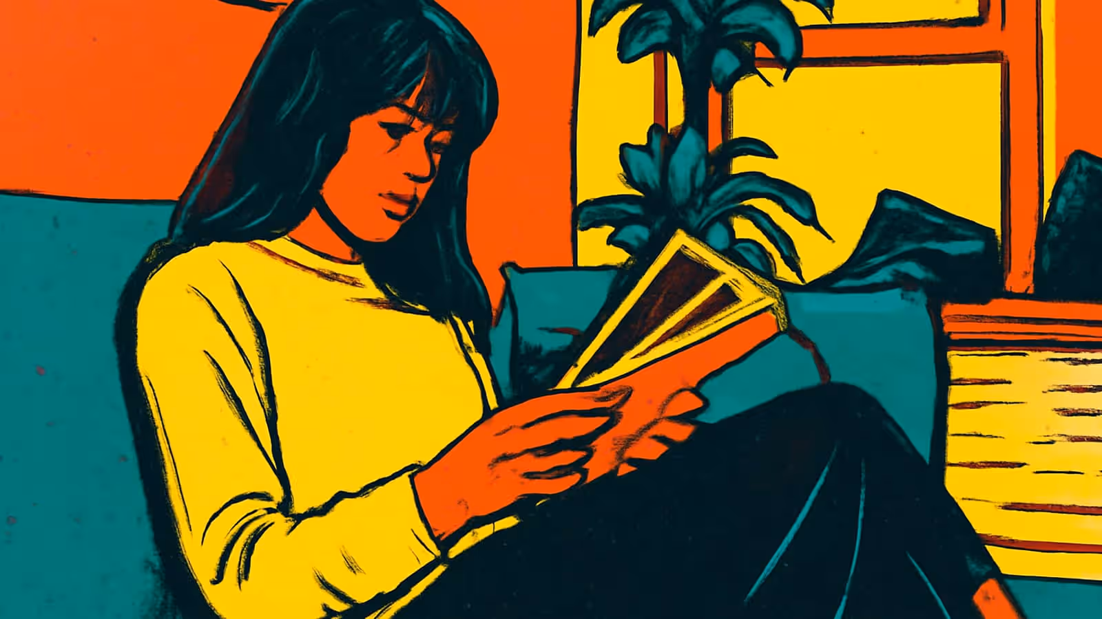 Pop-art illustration of a woman with long dark hair and a fringe, in a yellow sweater, sitting on a teal sofa looking down at a book or magazine in her hands, with a plant and a window behind her.