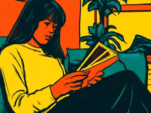 Pop-art illustration of a woman with long dark hair and a fringe, in a yellow sweater, sitting on a teal sofa looking down at a book or magazine in her hands, with a plant and a window behind her.