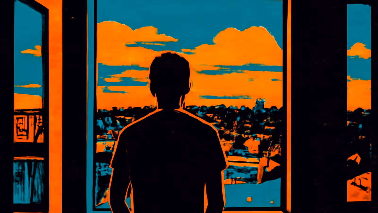 Pop-art illustration of a person seen from behind, standing motionless at an open window looking out over rooftops.