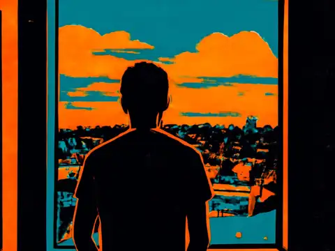 Pop-art illustration of a person seen from behind, standing motionless at an open window looking out over rooftops.