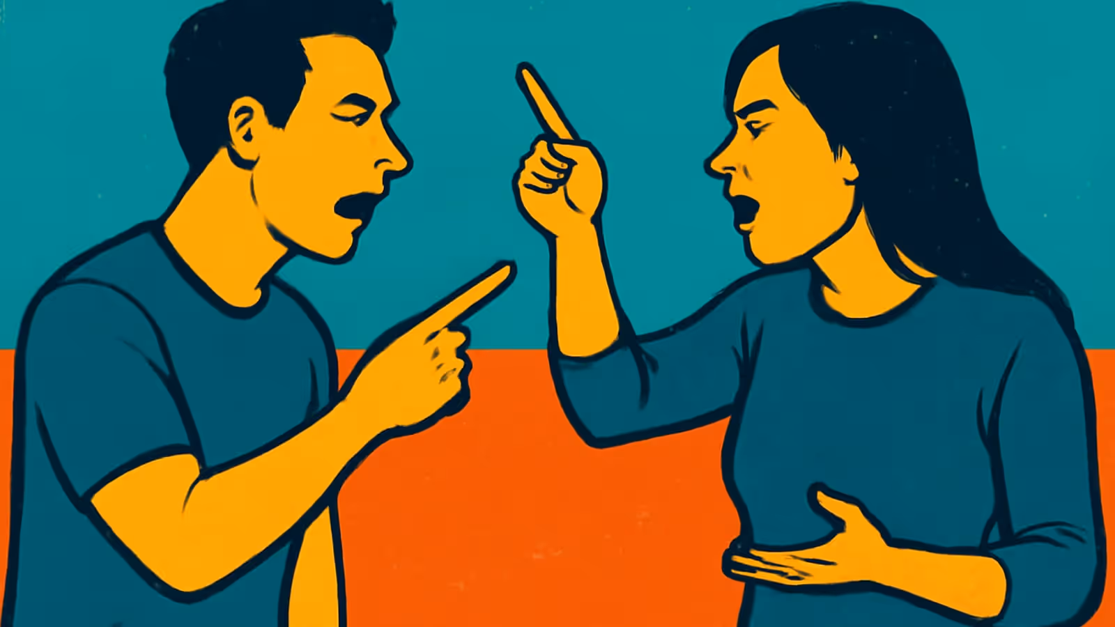 Pop-Art-Illustration eines Mannes und einer Frau, die sich gegenüberstehen, beide mit erhobenen, anklagenden Fingern und schreiend.