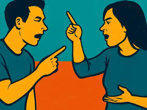 Pop-art illustration of a man and a woman facing each other, both pointing accusing fingers and shouting.