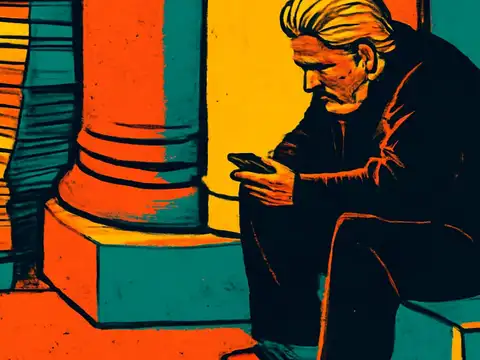 Pop-art illustration of a man sitting on steps looking at his phone.