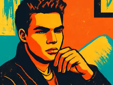Pop-art illustration of a young person resting their chin on one hand, looking toward the viewer.