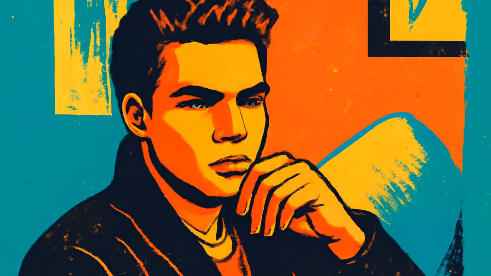 Pop-art illustration of a young person resting their chin on one hand, looking toward the viewer.