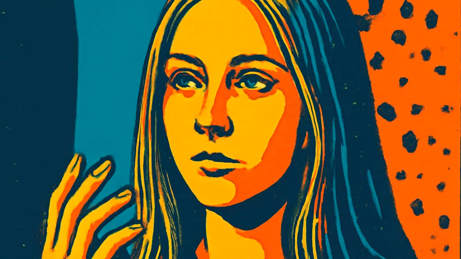 Pop-art illustration of a close-up portrait of a person with long hair, one hand raised near their face.