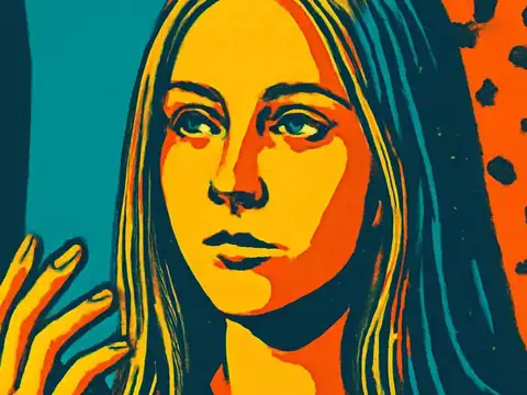 Pop-art illustration of a close-up portrait of a person with long hair, one hand raised near their face.