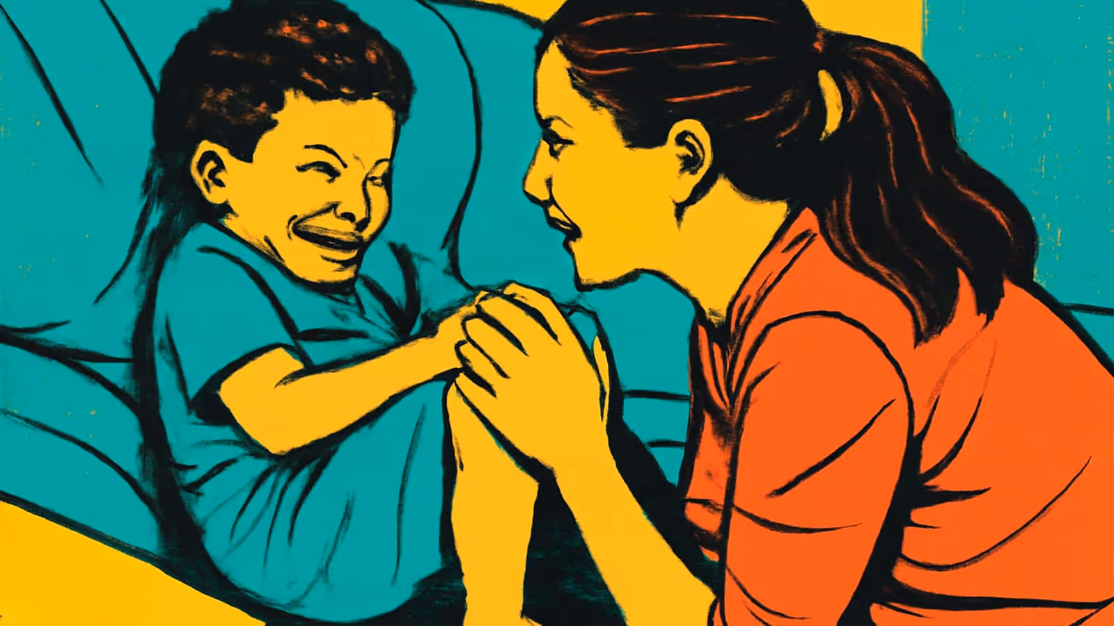 Illustration pop-art d'un adulte et d'un jeune enfant souriant se faisant face sur un canapé, les mains de l'enfant reposant sur le bras de l'adulte.
