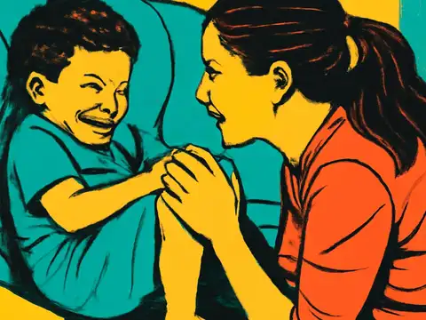 Pop-art illustration of an adult and a smiling young child facing each other on a sofa, the child’s hands resting on the adult’s arm.
