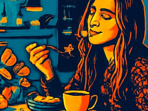 A person with long hair sitting at a table raising a forkful of food, a cup and plates in front of them and shelves behind, rendered as a flat orange and teal illustration.
