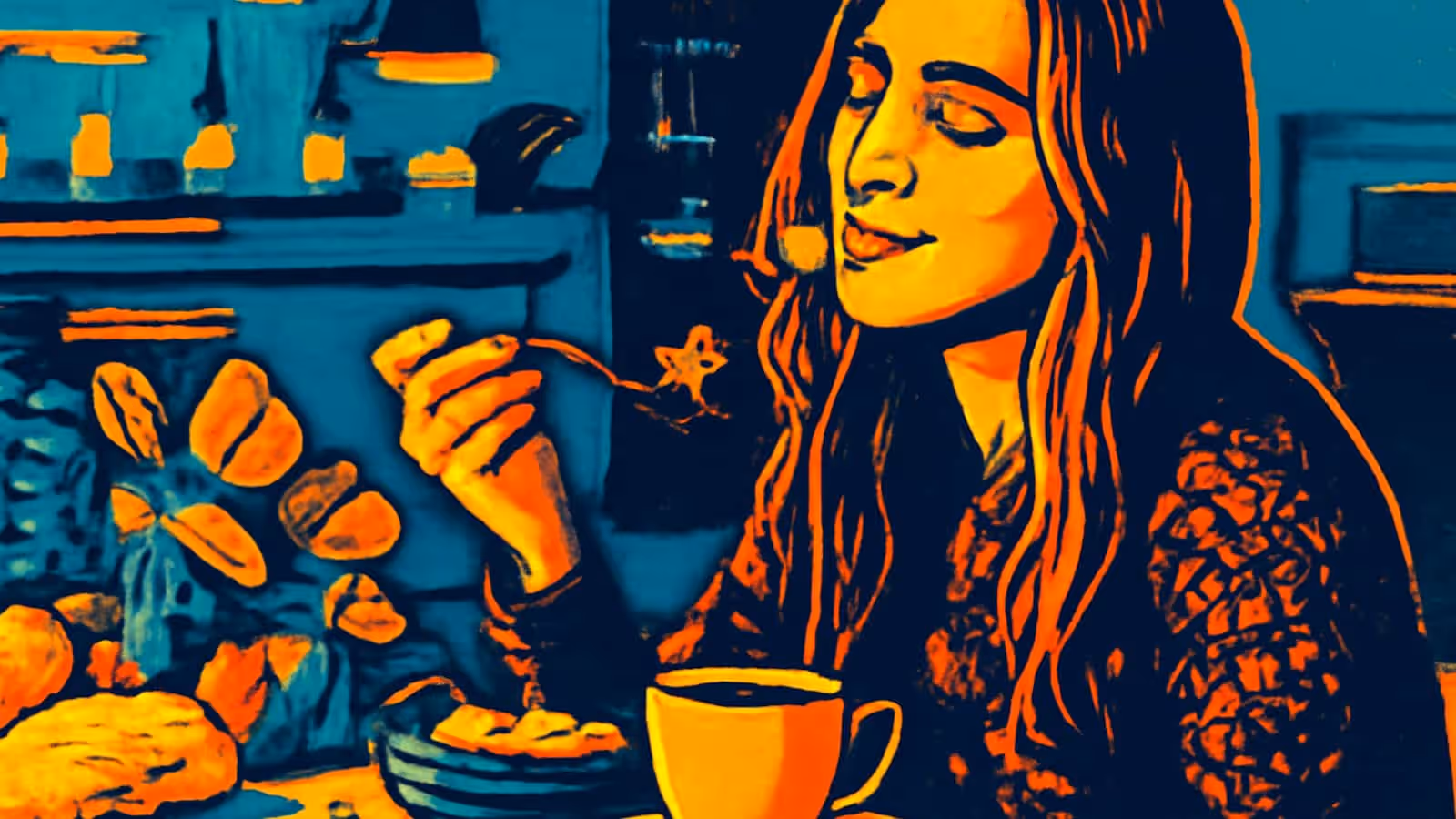 A person with long hair sitting at a table raising a forkful of food, a cup and plates in front of them and shelves behind, rendered as a flat orange and teal illustration.