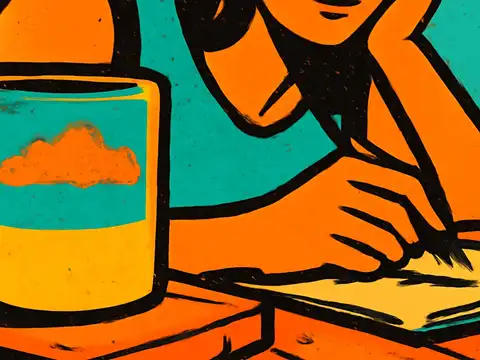 Pop-art illustration of a mug on a table with a person writing on a pad behind it.
