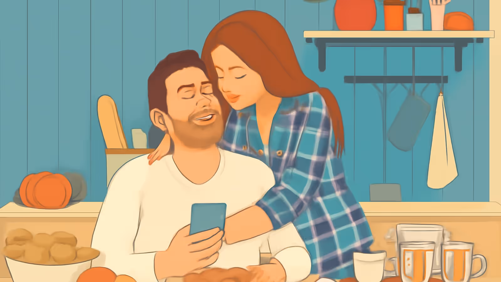 Flat vector illustration of a bearded man seated at a kitchen table holding a phone, with a woman with long auburn hair in a blue plaid shirt leaning in from behind him, her arms around his shoulders and her eyes closed, against a blue panelled wall with a shelf.