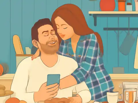 Flat vector illustration of a bearded man seated at a kitchen table holding a phone, with a woman with long auburn hair in a blue plaid shirt leaning in from behind him, her arms around his shoulders and her eyes closed, against a blue panelled wall with a shelf.