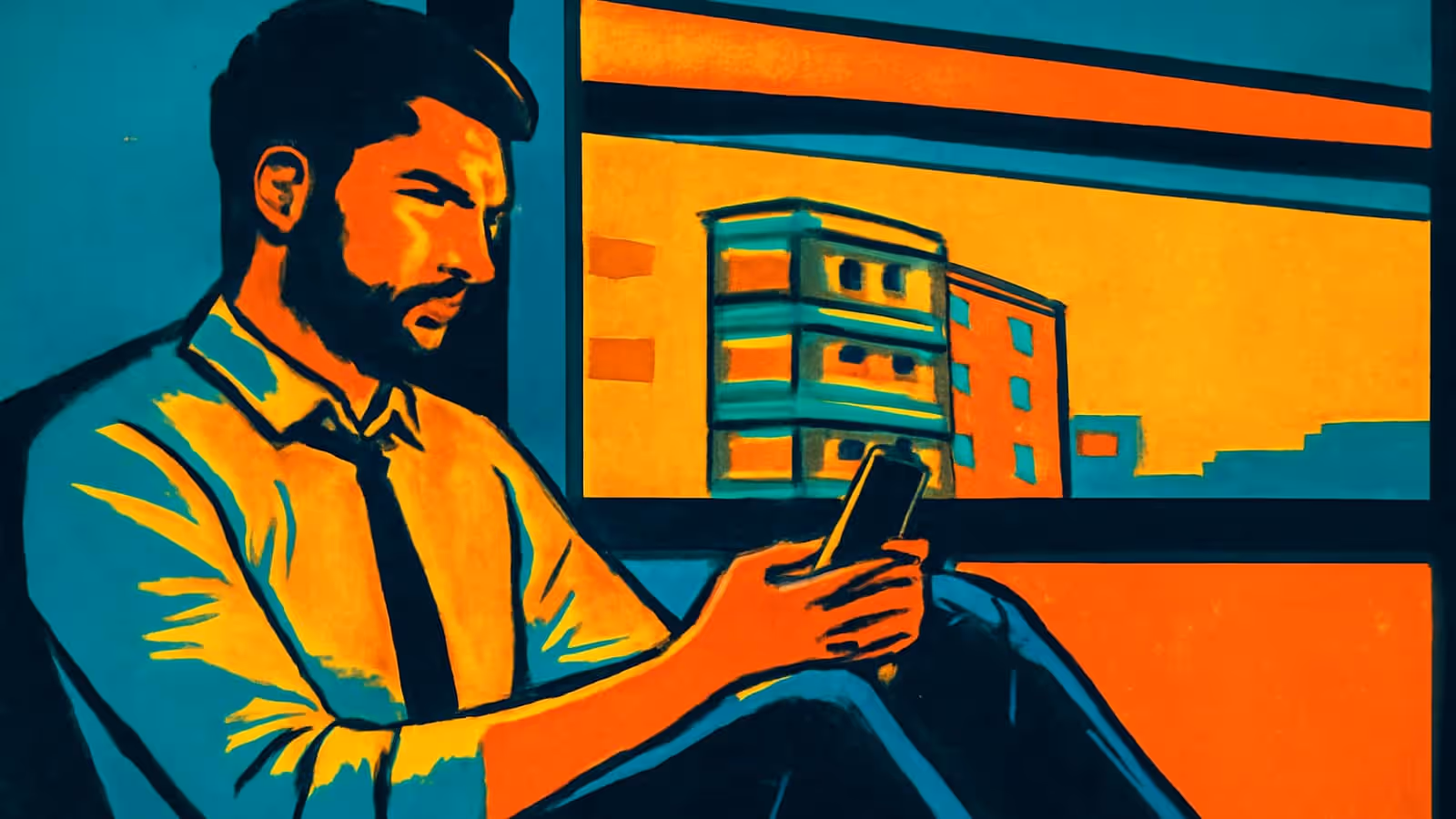 A flat illustration of a person in a shirt and tie sitting and looking down at a phone in their hand, a window behind them showing a building against an orange sky.