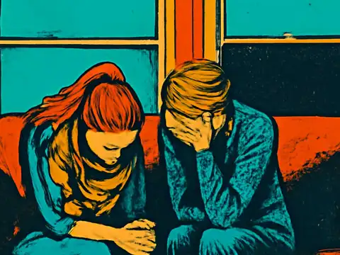 Pop-art illustration of two people sitting close together on a sofa, heads bowed.