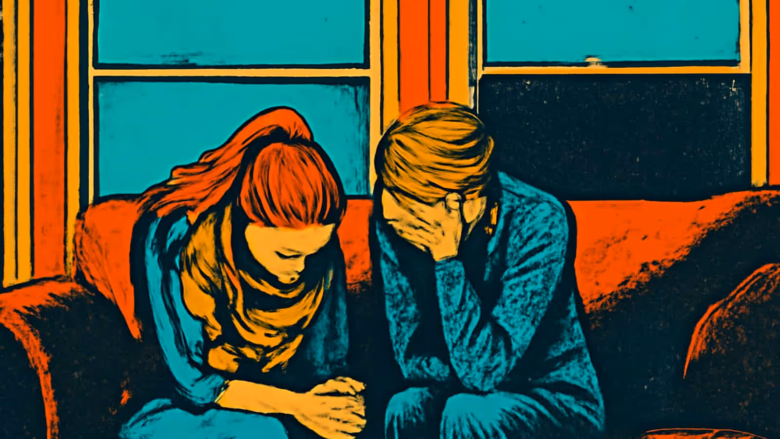 Pop-art illustration of two people sitting close together on a sofa, heads bowed.