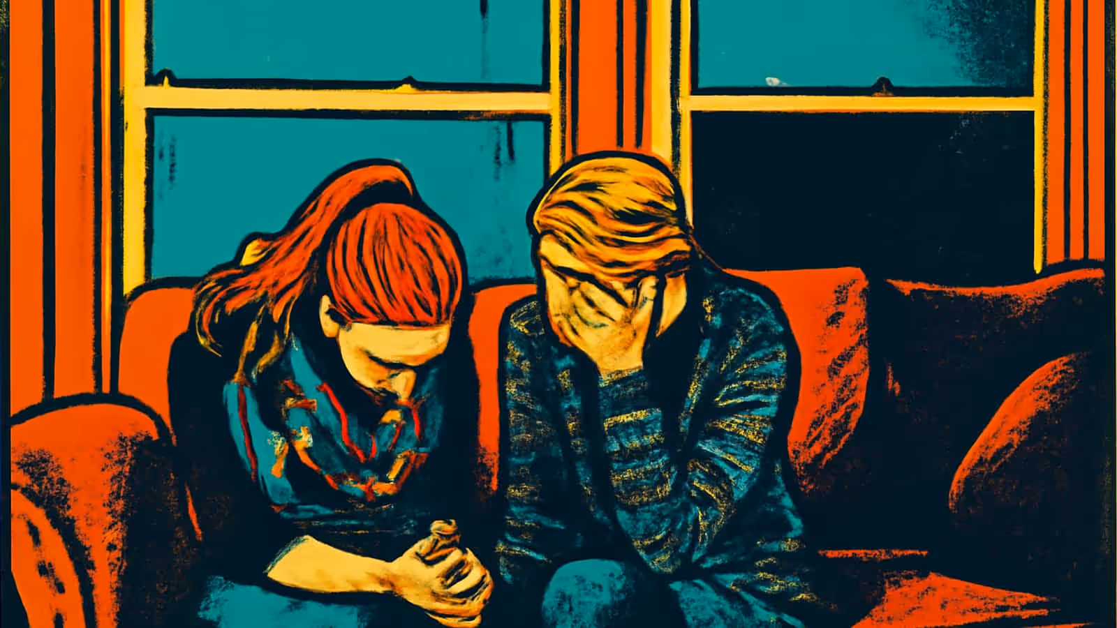 Pop-art illustration of two people sitting on a sofa by a window, both with heads bowed, one resting a hand against their face.