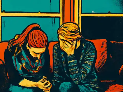Pop-art illustration of two people sitting on a sofa by a window, both with heads bowed, one resting a hand against their face.