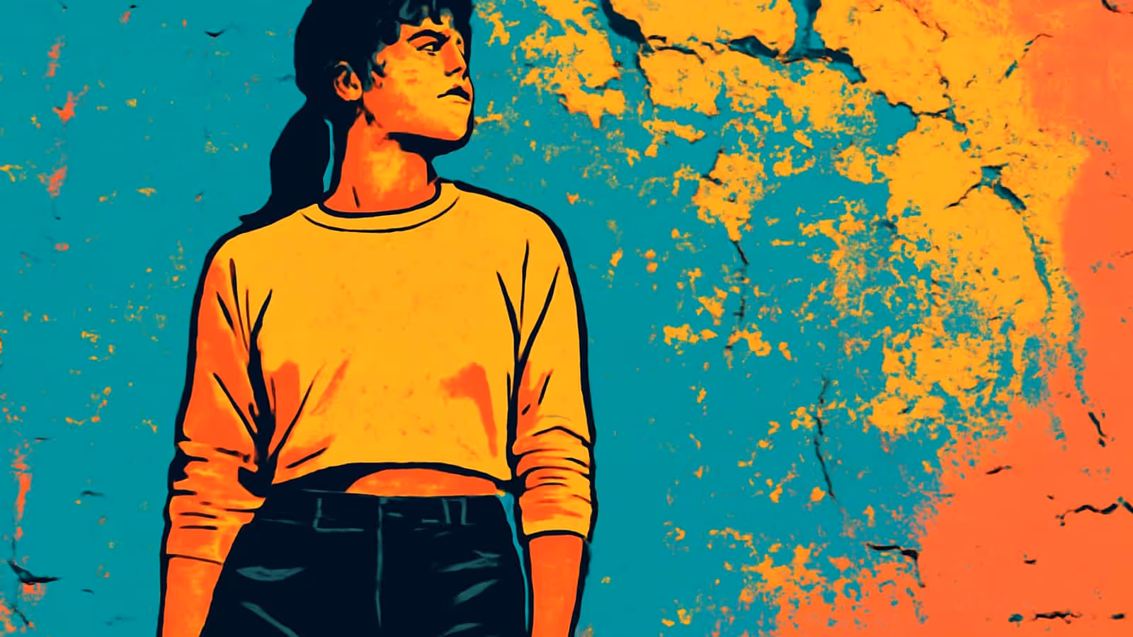 Pop-art illustration of a person in a long-sleeved top standing against a cracked, weathered wall, looking away to one side.