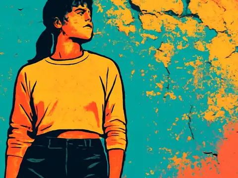 Pop-art illustration of a person in a long-sleeved top standing against a cracked, weathered wall, looking away to one side.