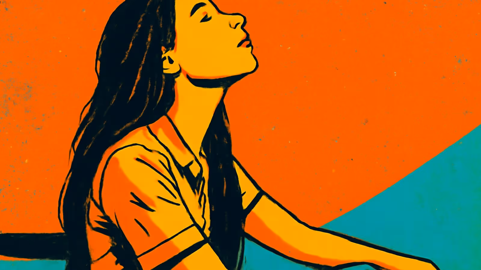 Pop-art illustration of a woman in profile against an orange background, head tilted back and eyes closed.