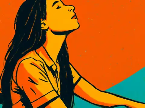 Pop-art illustration of a woman in profile against an orange background, head tilted back and eyes closed.
